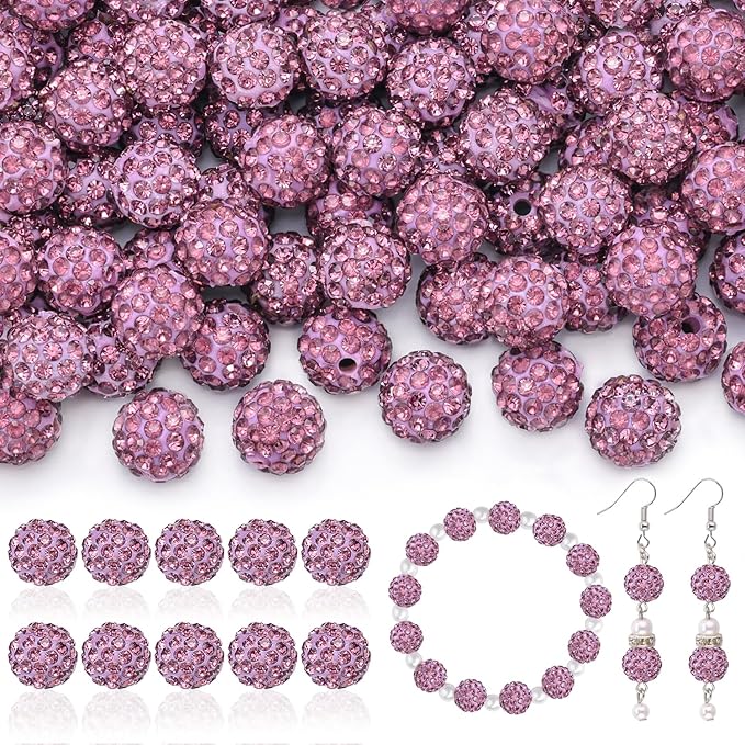 160pcs 10mm Rhinestone Beads for Jewelry Making, Light Purple Shiny Round Disco by TINKRSTUFF