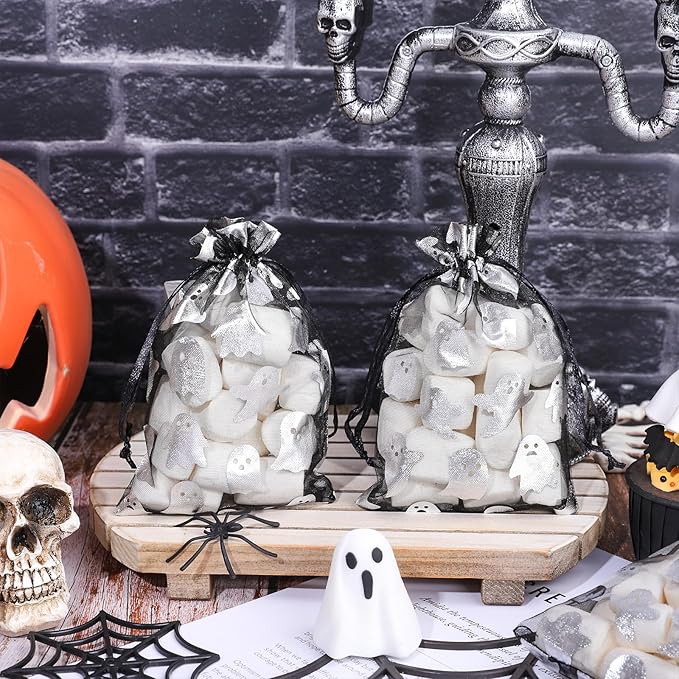 Whaline 100Pcs Halloween Organza Drawstring Bags Cute Foil Silver Ghost Jewelry - Image 4