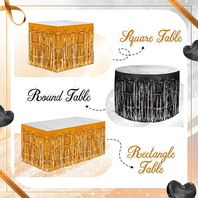 2 Pack Black Orange Table Skirts, 29x108" Metallic Foil Tinsel Fringe Table - Image 4