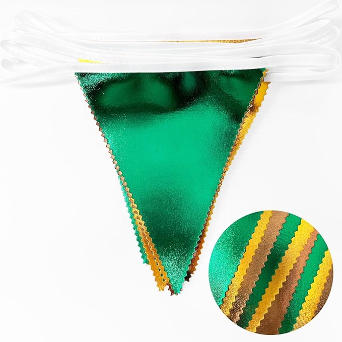 Green Gold Brown Metallic Fabric Triangle Pennant Banner Flag Bunting Garland - Image 3