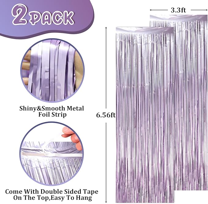 2 Pack Light Purple Foil Fringe Backdrop Curtains, Tinsel Streamers Party - Image 2