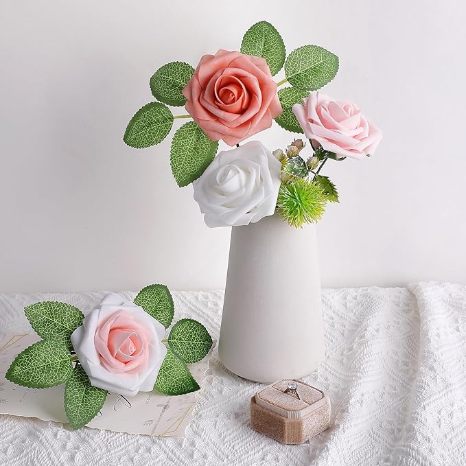 AmyHomie 25pcs Real Looking Artificial Shades of Blush Roses w/Stem - Image 5