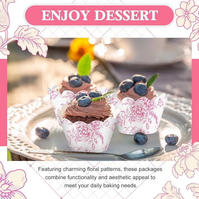 Domensi 100 Pcs Pink Floral Cupcake Wrappers Rustic Cupcake Liners Pink Baking - Image 7