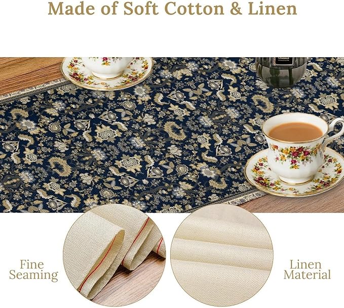 Vintage Boho Floral Table Runner, Morris Rustic Country Farmhouse Dark Blue - Image 8