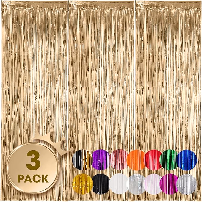 3 Pack 3.3x8.2 Feet Champagne Foil Fringe Backdrop Curtains, Tinsel Streamers by Voircoloria