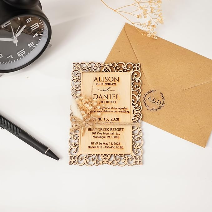 Personalized Wedding Invitations, Laser Cut Wedding Invitation, Flower Wooden - Image 9