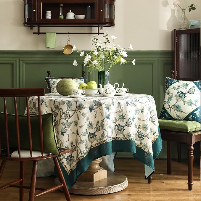 patdrea Designer Green Small Square Table Cloth, Vintage Floral Linen Durable - Image 8