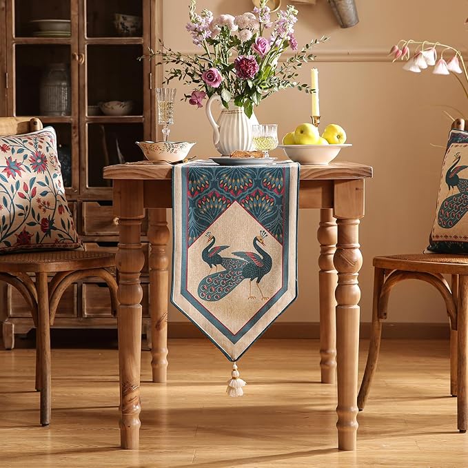 Vintage Blue Peacock Table Runner - Image 3