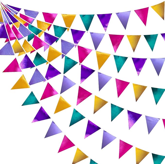 Colorful Party Decorations Hot Pink Teal Purple Metallic Fabric Triangle by pinkblume