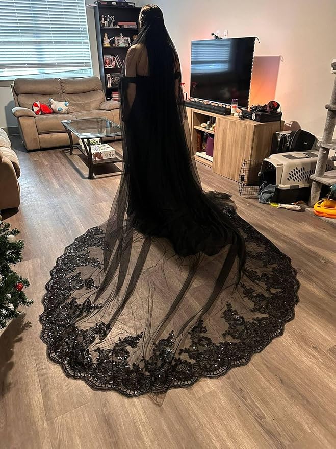 Bridal Veil long Cathedral Length Lace Sequins Edge 1 Tier Wedding Veil - Image 7
