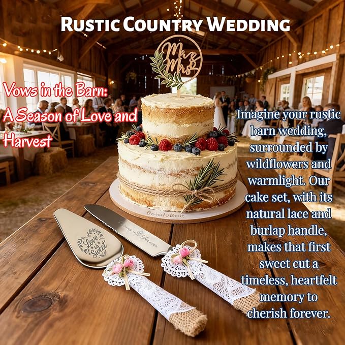 Wedding Cake Knife and Server Set – Rustic Lace Burlap Handle, Stainless Steel - Image 6