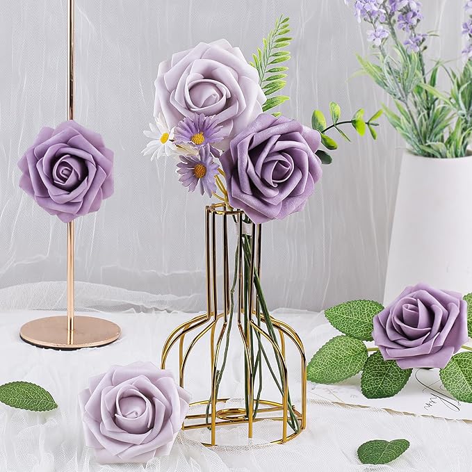 AmyHomie 25pcs Real Looking Artificial Pale Lavender Roses w/Stem - Image 5