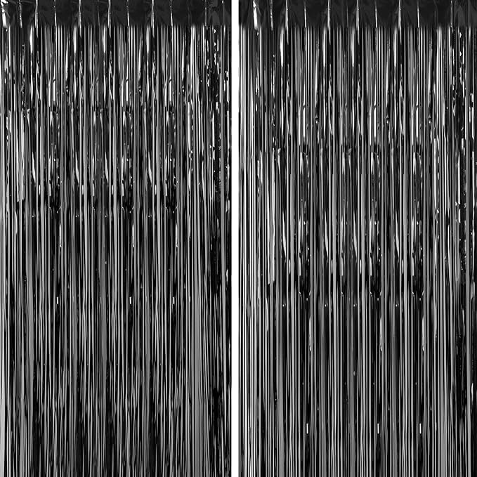 CHRORINE 2pcs 3ft x 8.3ft Black Tinsel Fringe Curtains Streamers Photo Backdrop by CHRORINE