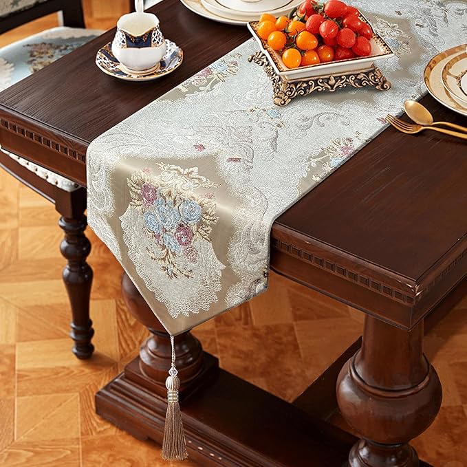 HeMiaor Chenille Jacquard Thick Table Runner Delicate Tassel by HeMiaor