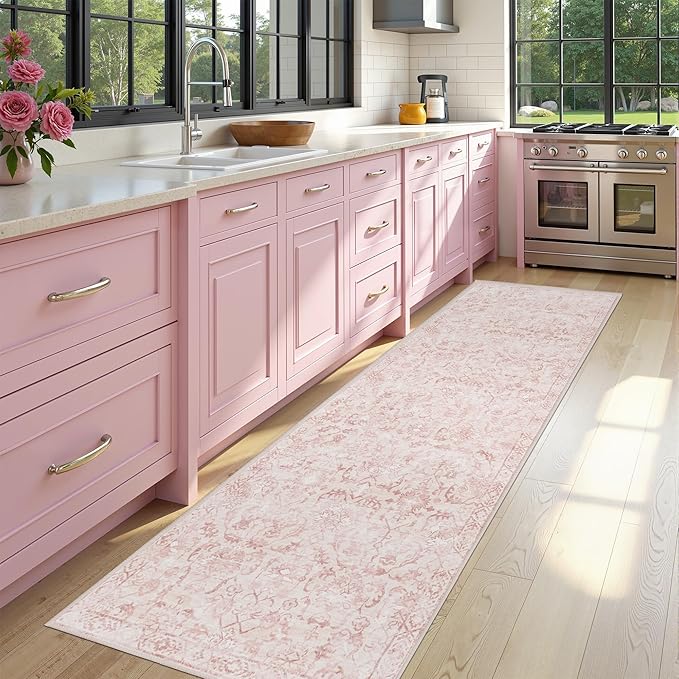 Pink 3x10 Runner Rug for Hallways Bed Side Kitchen, Boho Washable Distressed - Image 2