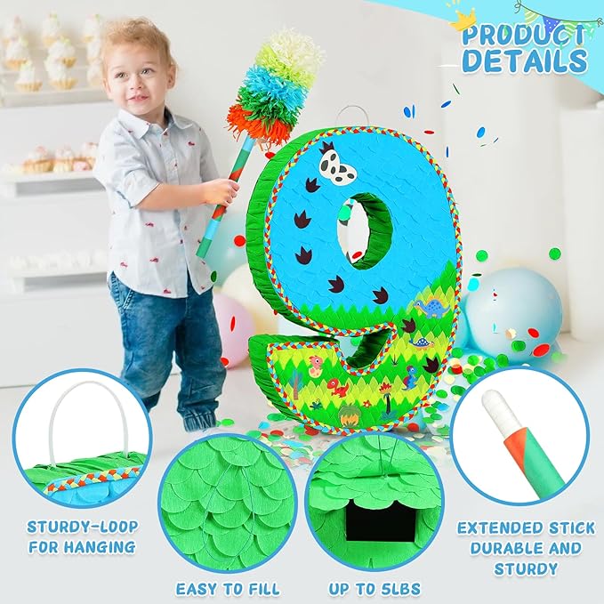 Number 9 Pinata for Birthday Party Decorations, Jungle Dinosaur Piñata Games Toy - Image 5