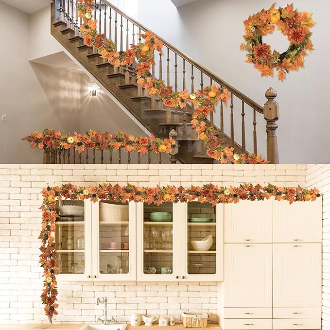Artificial Fall Maple Leaves Garland Hanging Vine 6Ft Fake Pumpkin Pine Berries - Image 7