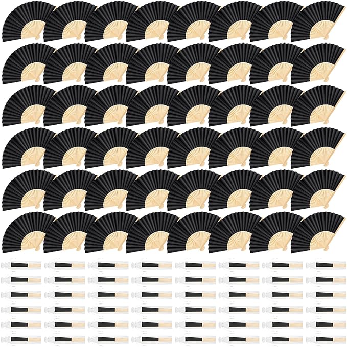 48 Pieces Black Hand Held Bamboo Folding Fans Paper Fans Handheld by Bringsparkletoeverydaylife