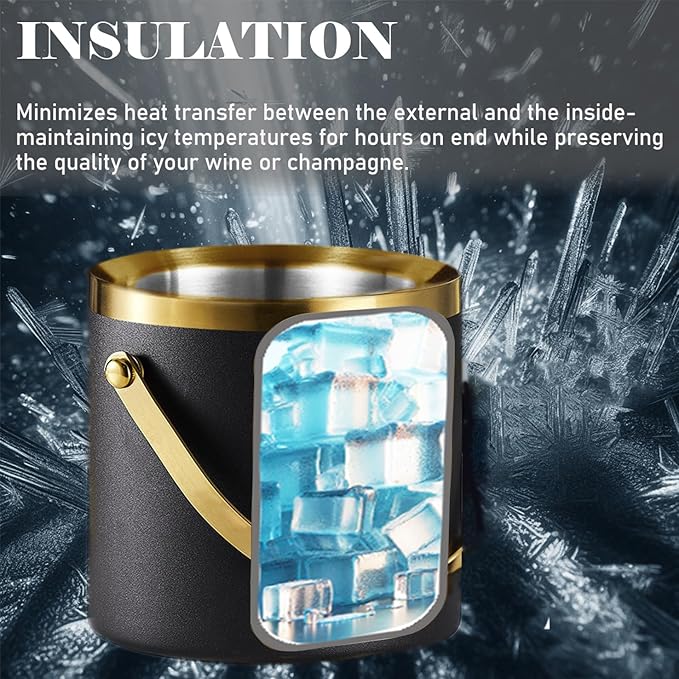Insulated Ice Bucket with Lid, Handle and Tong Black Gold Stainless Steel - Image 4