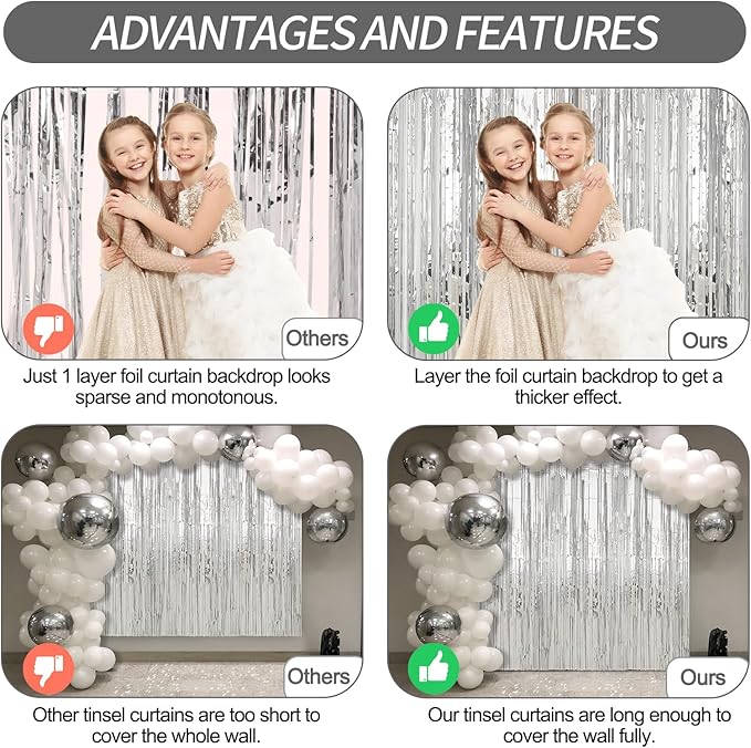 6 Pack Silver Foil Fringe Curtains Streamers Party Decorations 3.3 x 8.2 ft - Image 3