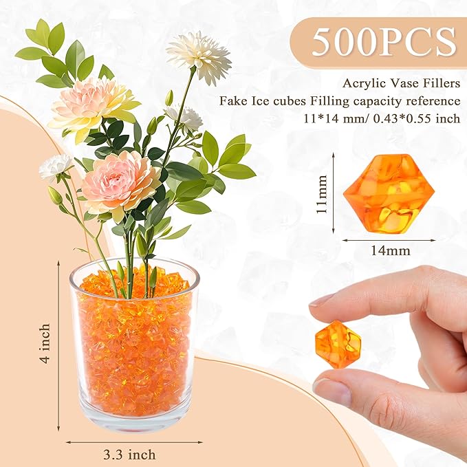 YATOJUZI 500pcs Fake Ice Cubes Orange Acrylic Crushed Rocks Vase Fillers - Image 2