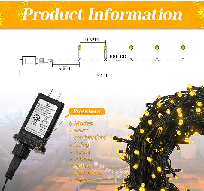 100 LED Christmas String Lights, 39FT Indoor Lights Plug-in - Image 5