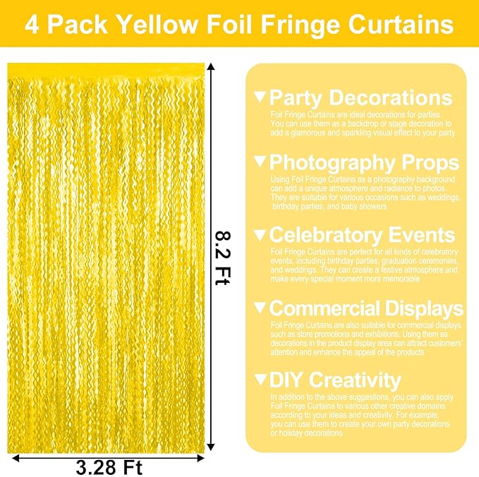 4 Pack MacaronYellow Wave Foil Fringe Curtain Backdrop, 3.28Ft x 8.2Ft Metallic - Image 2