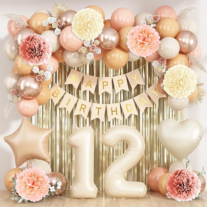 Beige 12th Birthday Decorations Girls Boys Cream Number 12 Balloon Nude Gold by KAINSY