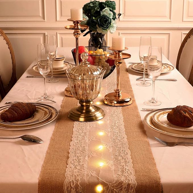 Burlap Table Runner with LED String Lights Rustic 12" x 108" Christmas - Image 3