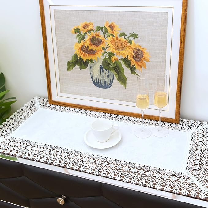 White lace Premium Rectangle Farmhouse Table Runner Waterproof OilProof - Image 2