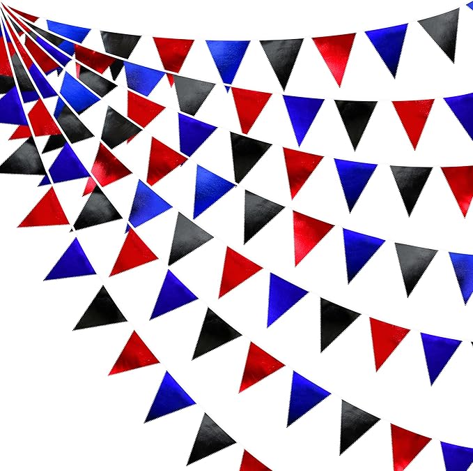 Navy Blue Red Black Party Decorations Metallic Fabric Triangle Pennant Banner by pinkblume