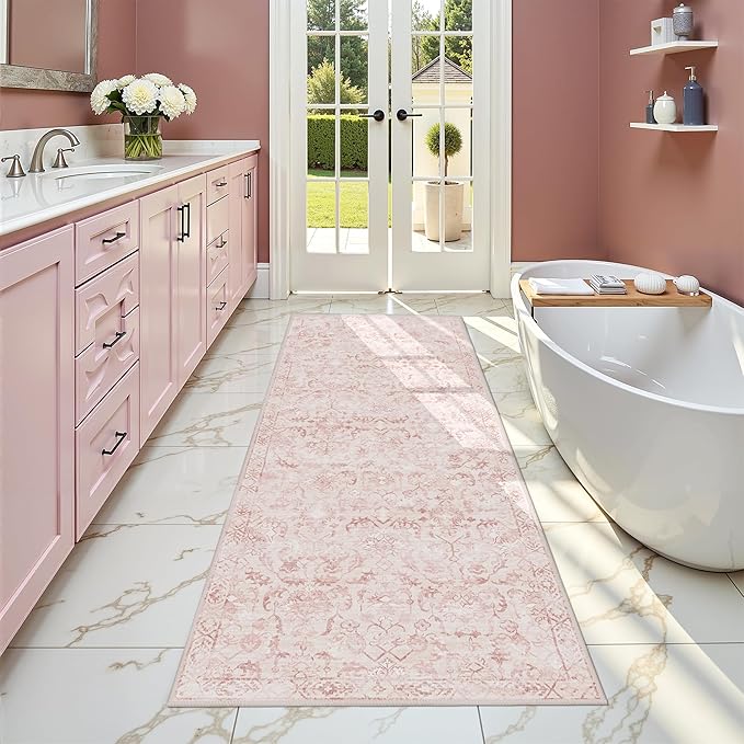 Pink 2x6 Runner Rug for Hallways Bed Side Kitchen, Boho Washable Distressed by Deerly