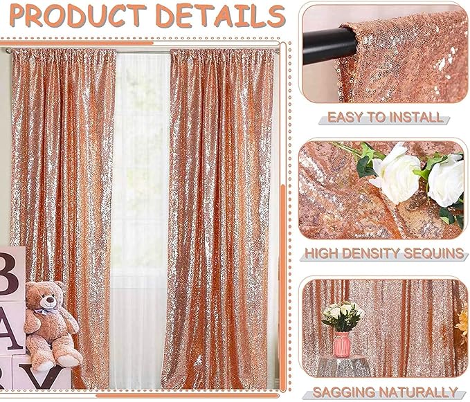 Rose Gold Sequin Backdrop Curtains Glitter Drapes 2FTx8FT 2 Panels - Image 2