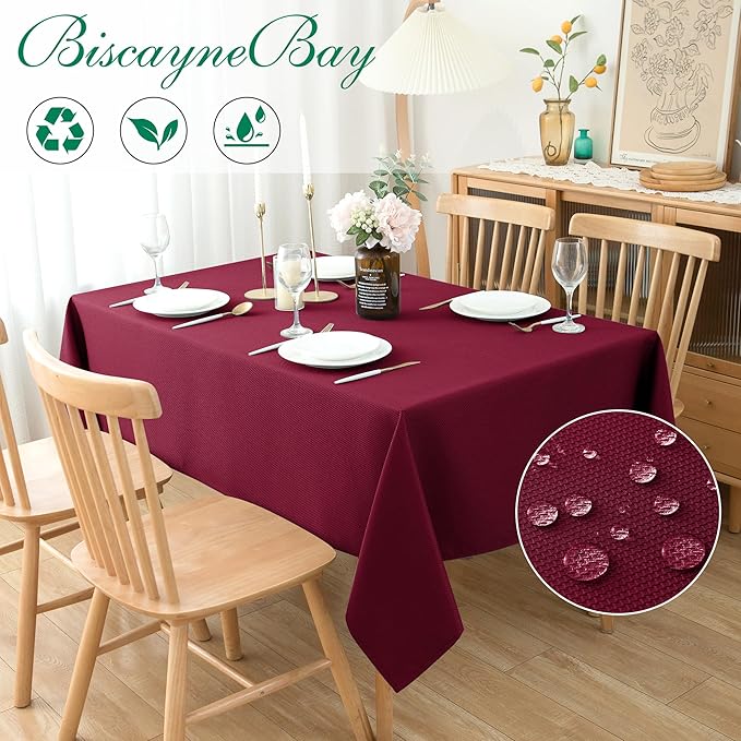 Biscaynebay Textured Fabric Christmas Rectangle Tablecloths 90x132, Burgundy - Image 2
