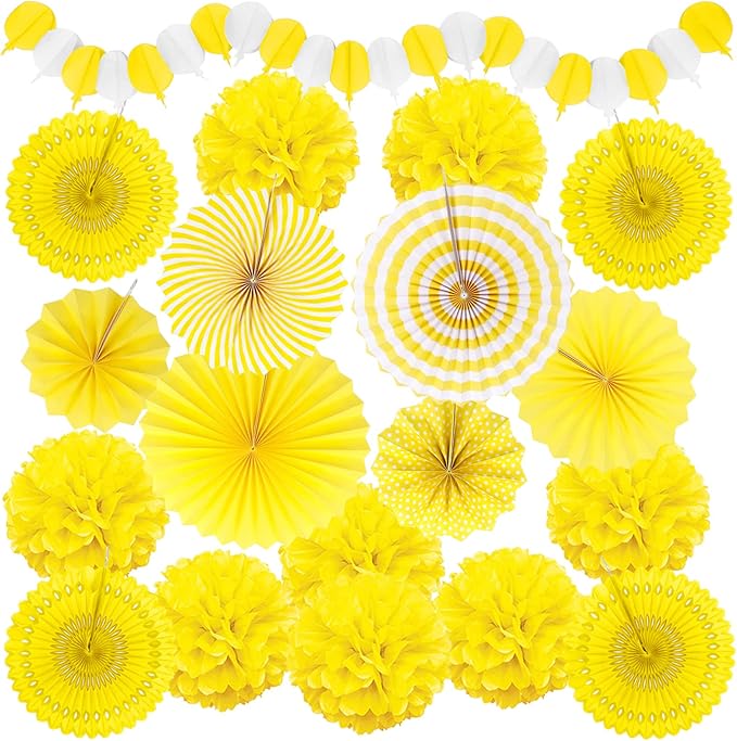 Yellow Party Decorations, Papar Fans Pompoms Fans Garlands by Recosis