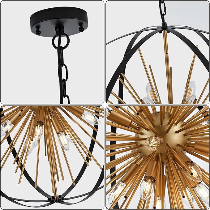 31.5" Black Gold 16-Light Globe Sputnik Chandelier Modern Industrial Adjustable - Image 5