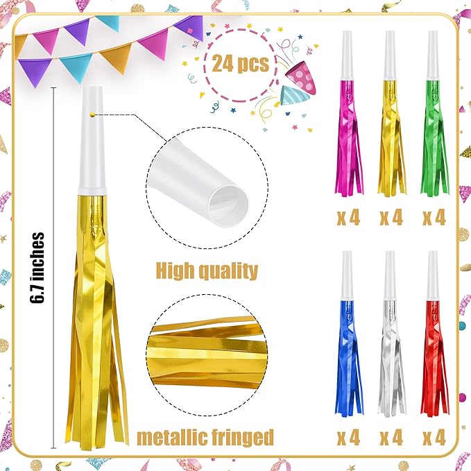 24 Pcs Glitter Noise Makers Metallic Fringed Party Blower - Image 2