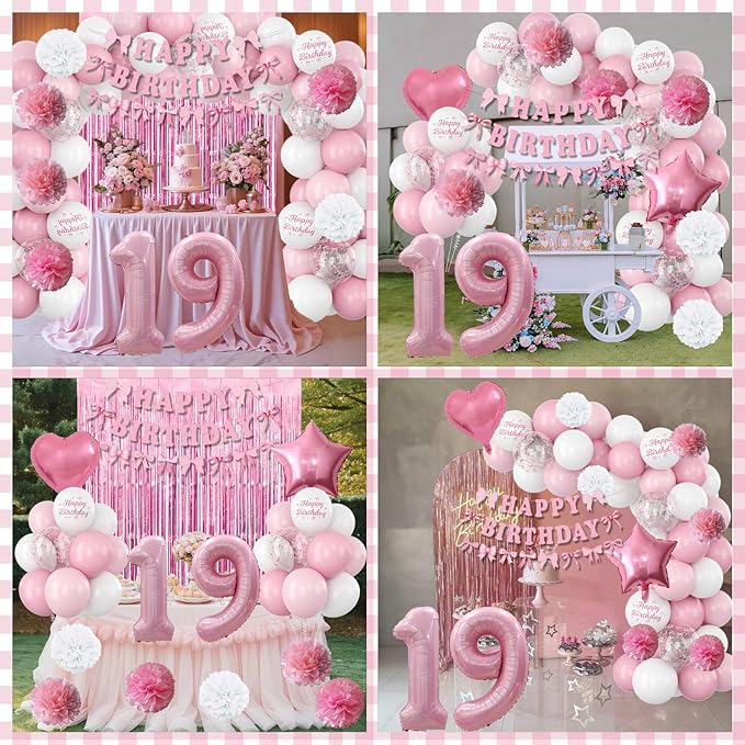 19th Birthday Decorations for Girls Pink Number 19 Balloon Bow Coquette Happy - Image 6