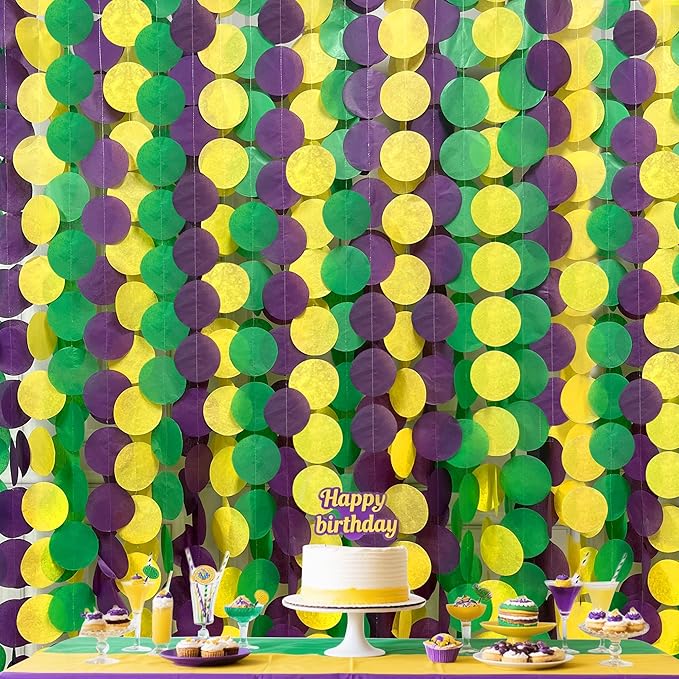 205 Ft Mardi Gras Party Decorations Purple Green Yellow Circle Dot Backdrop - Image 6