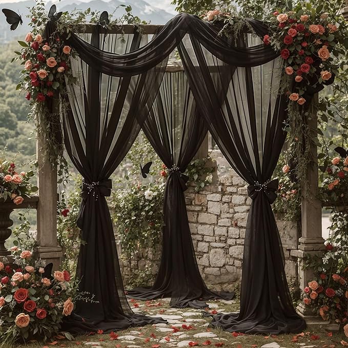Wedding Arch Draping Fabric, 2 Panels 18FT Black Sheer Chiffon Curtain Drapes 6 - Image 7