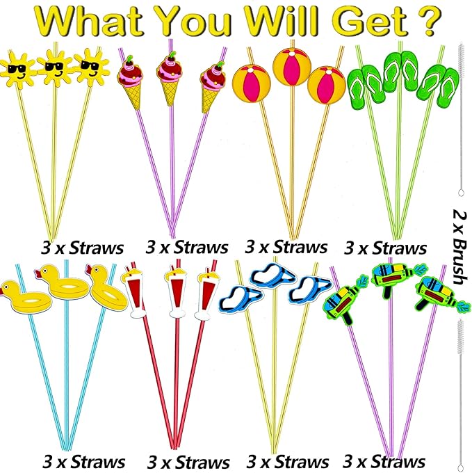 24 Pieces Beach Theme Reusable Plastic Drink Cocktail Straws Beach Ball Pool - Image 4