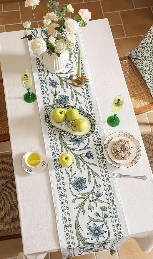 ISAENNE Designer Elegant Linen Table Runner 71 Inches Long, Vintage Blue Floral - Image 7