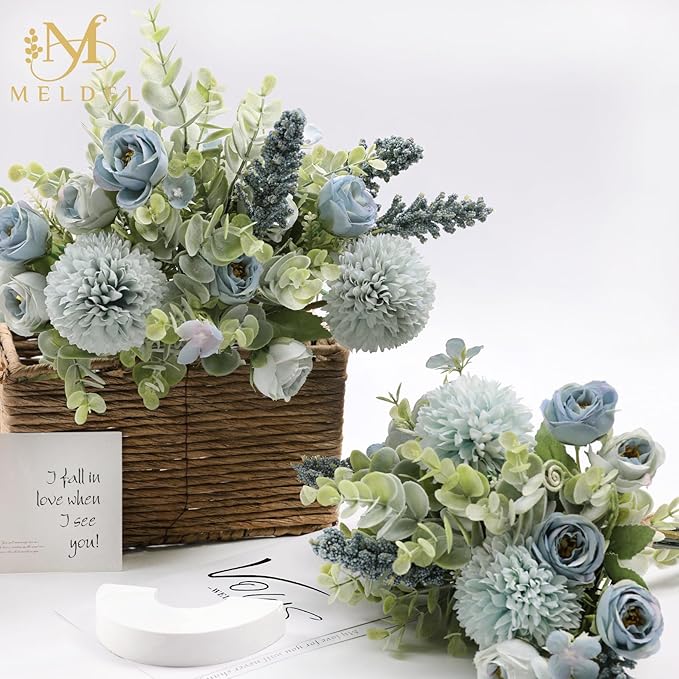 Meldel 3Pcs Rose Bouquet Blue Artificial Flowers Fake Eucalyptus Plants Silk - Image 4