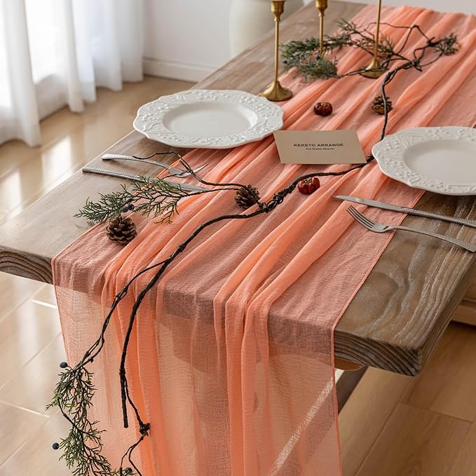 Fresh Salmon Cheesecloth Table Runner Peach Echo Gauze 120 Inch 10 FT Boho - Image 2