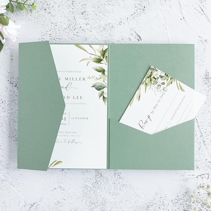 20 PCS Sage Green Tri-fold Laser Cut Wedding Invitation Pockets by FEIYI