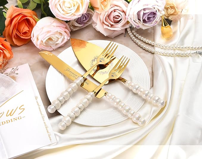 Wedding Cake Knife and Server Set, Ceramic Pearl Handle Wedding Cake Cutting Set - Image 2