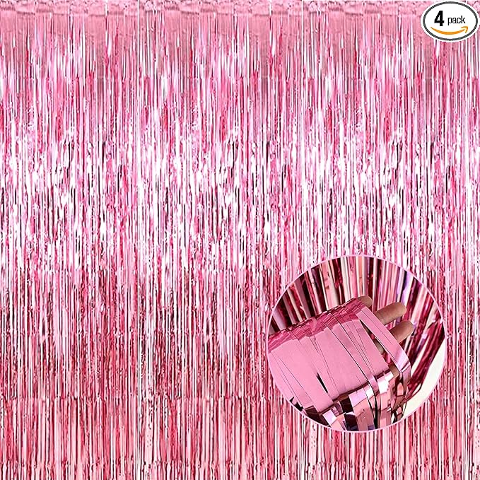 4 Pack Pink Foil Fringe Curtain Backdrop, 3.28Ft x 8.2Ft Metallic Tinsel Foil by Unknown