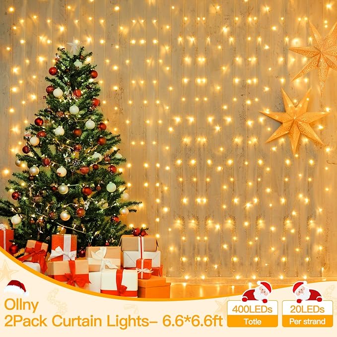 Ollny 2 Pack Curtain String Lights Warm White, 400LED 6.6x6.6ft Fairy Lights - Image 8