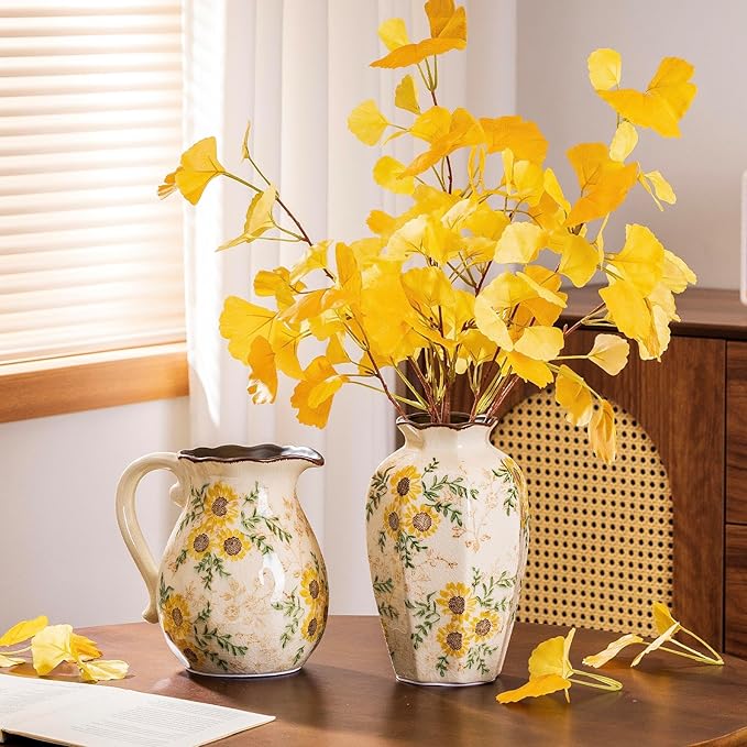 Hand-Painted Sunflower Vintage Ceramic Octagonal Vase, Fireplace Mantle - Image 6