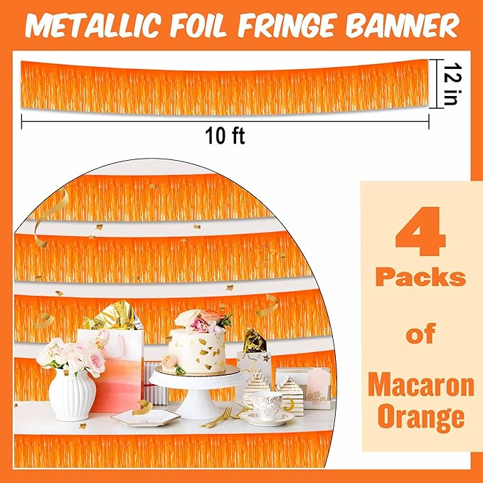 4 Pack 10 Ft Macaron Orange Foil Fringe Garland Metallic Streamers Tinsel - Image 2